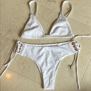 Elegant White Bikini Set with Lace-Up Detail